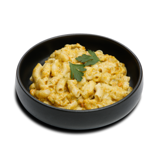 Mac and cheese – a freeze-dried Good Mood Meals meal, served in a bowl