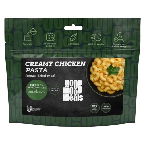 Good Mood Meals gefriergetrocknetes Gericht „Cremige Hähnchenpasta“ – Vorderseite des Beutels