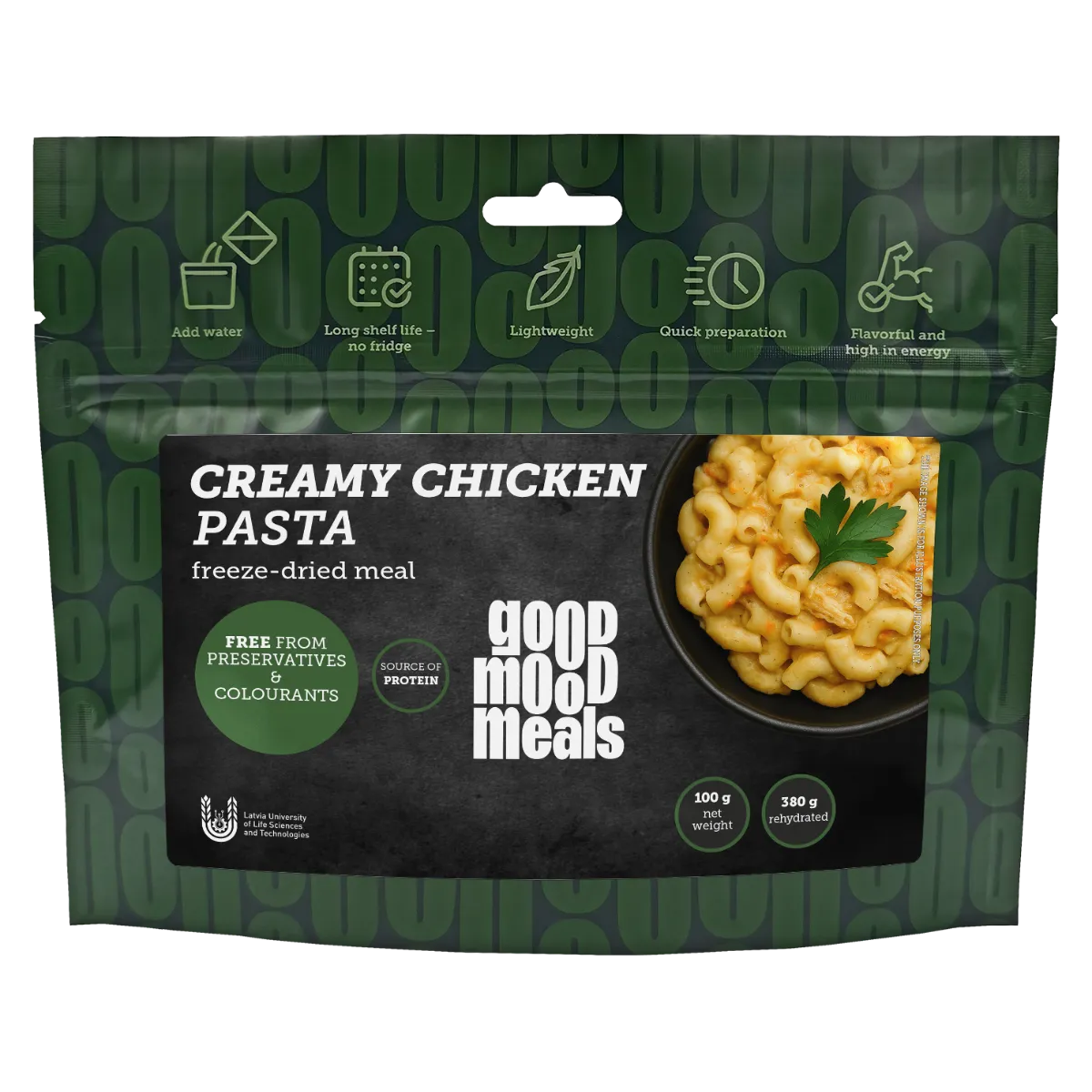 Good Mood Meals gefriergetrocknetes Gericht „Cremige Hähnchenpasta“ – Vorderseite des Beutels