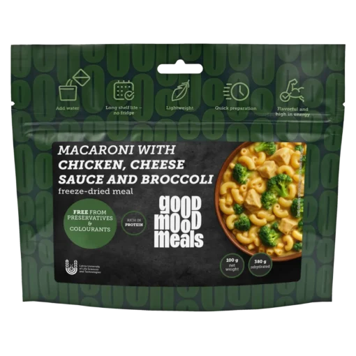 Good Mood Meals gefriergetrocknetes Gericht „Macaroni mit Hähnchen, Käsesauce und Brokkoli“ – Vorderseite des Beutels