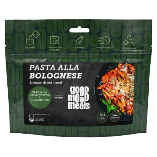 Good Mood Meals gefriergetrocknetes Gericht „Pasta Alla Bolognese“ – Vorderseite des Beutels