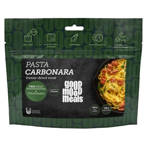 Good Mood Meals gefriergetrocknetes Gericht „Pasta Carbonara“ – Vorderseite des Beutels