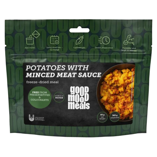 Good Mood Meals gefriergetrocknetes Gericht „Kartoffeln mit Hackfleischsauce“ – Vorderseite des Beutels