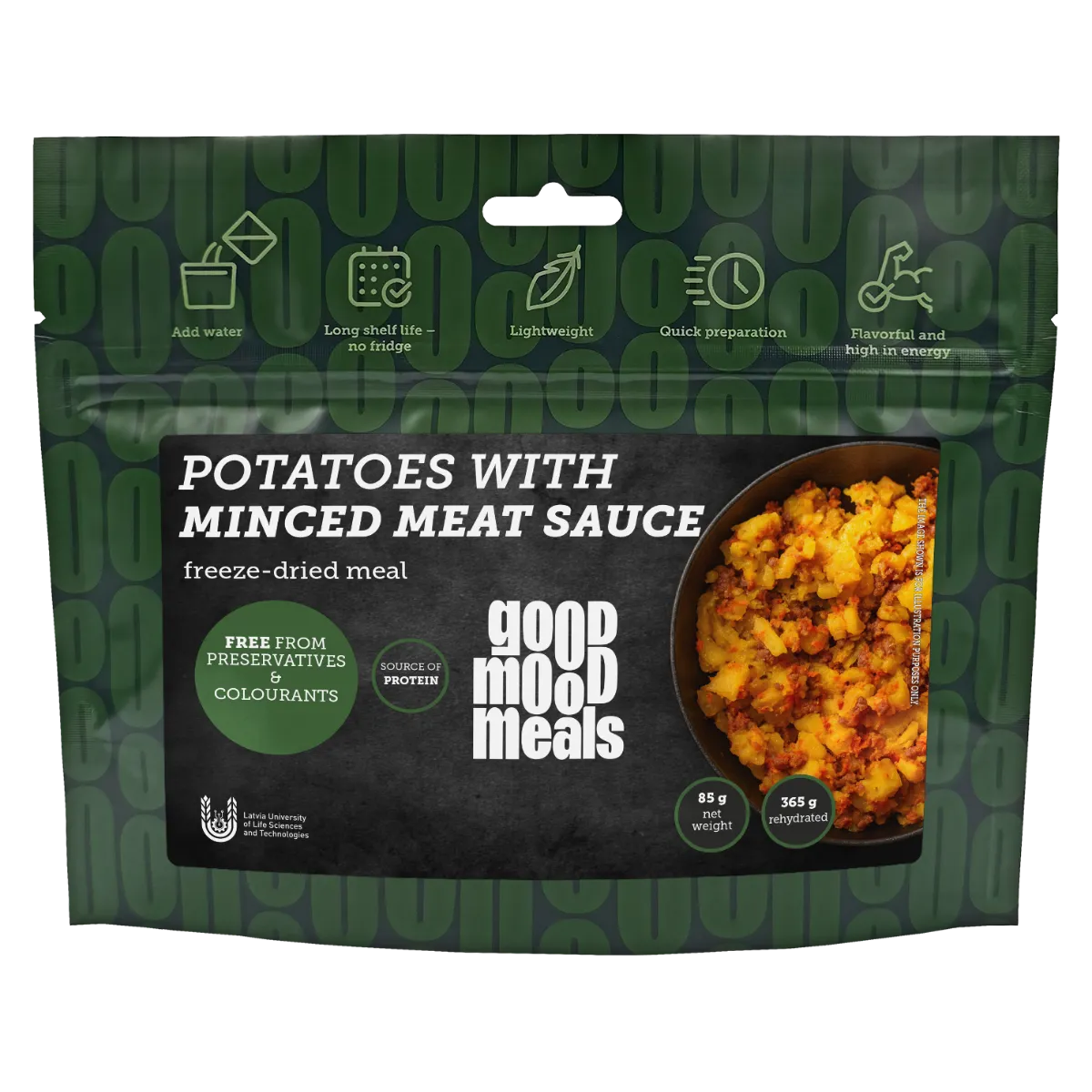 Good Mood Meals gefriergetrocknetes Gericht „Kartoffeln mit Hackfleischsauce“ – Vorderseite des Beutels